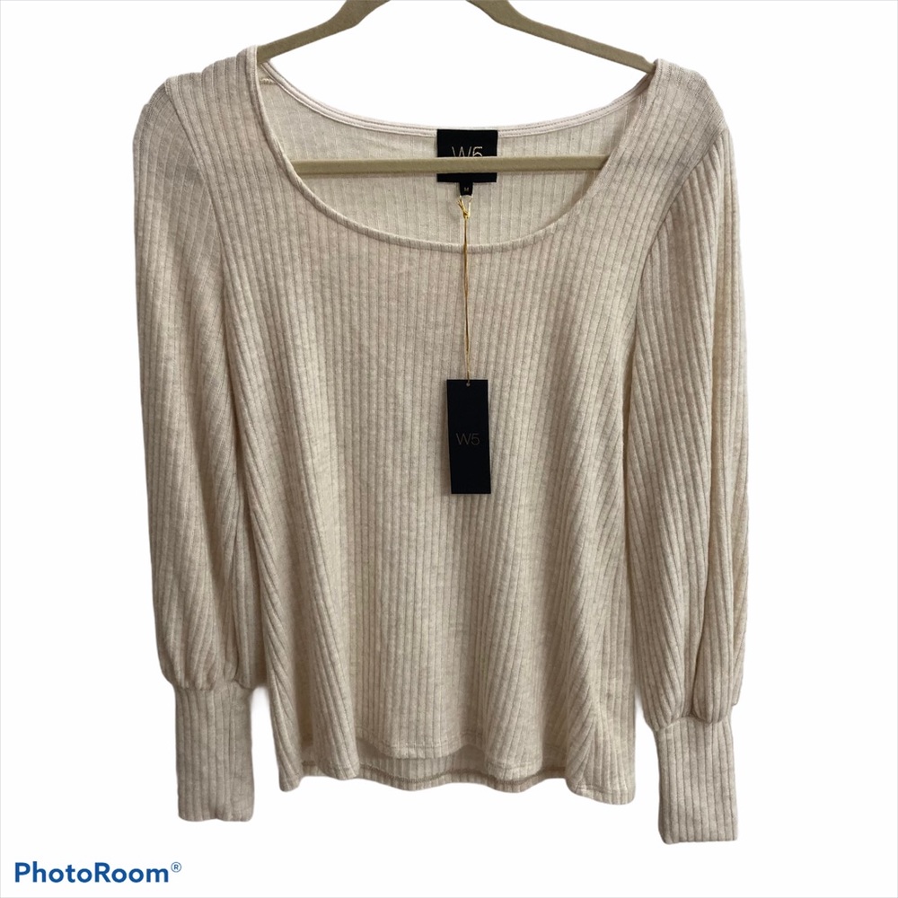 🆕W5 Anthropology Cream Ribbed Top Bubble Sleeve M